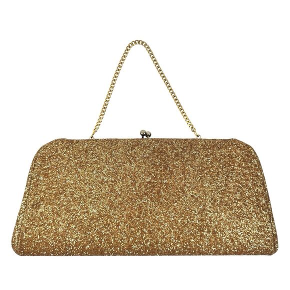 Gold Glitter Clutch Handbag Kiss Lock Evening Wedding Prom Glam Old Hollywood - Picture 1 of 13